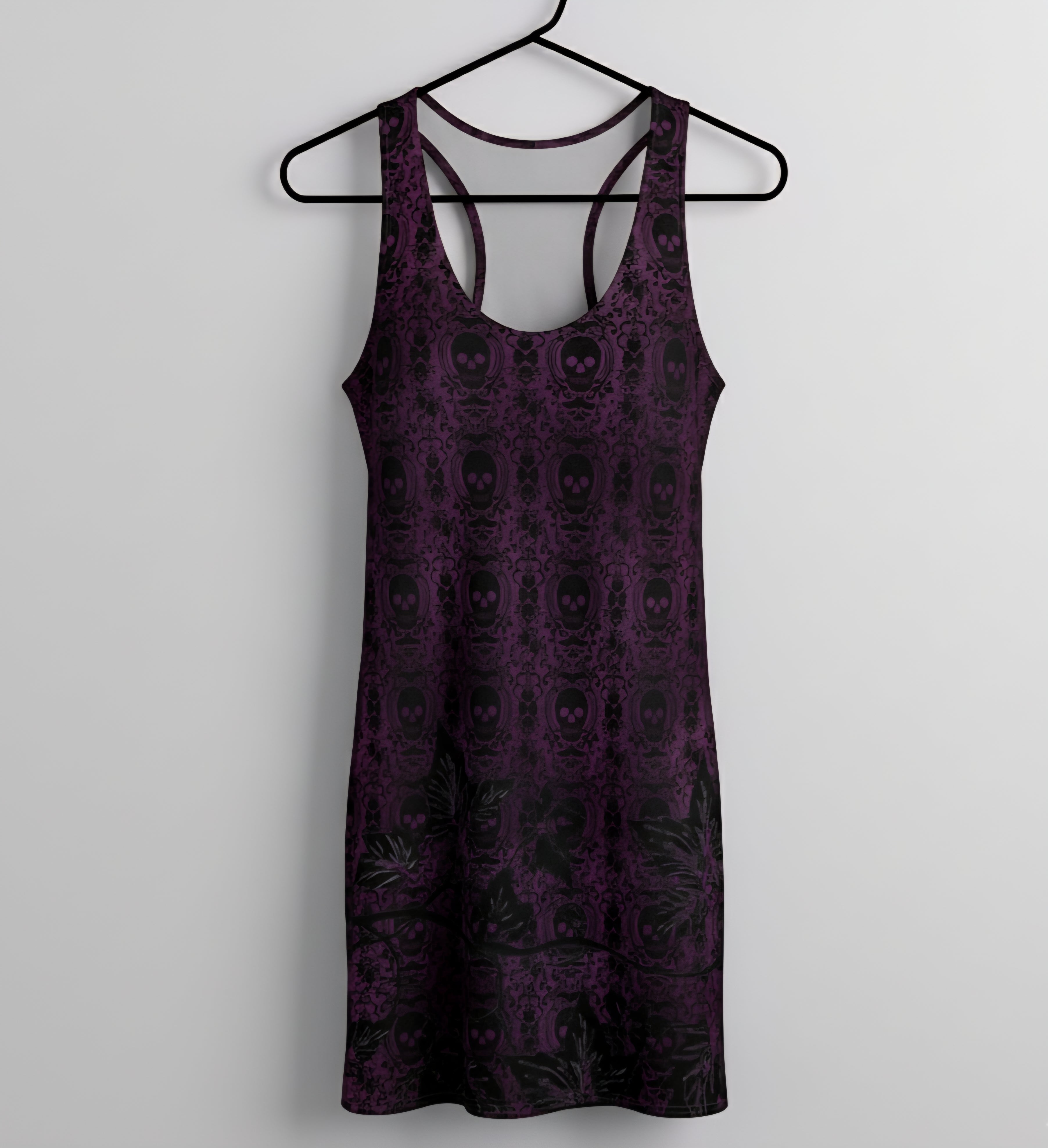 Gothic Skull Damask Bodycon Dress | Purple & Black Alternative Racerback Dress
