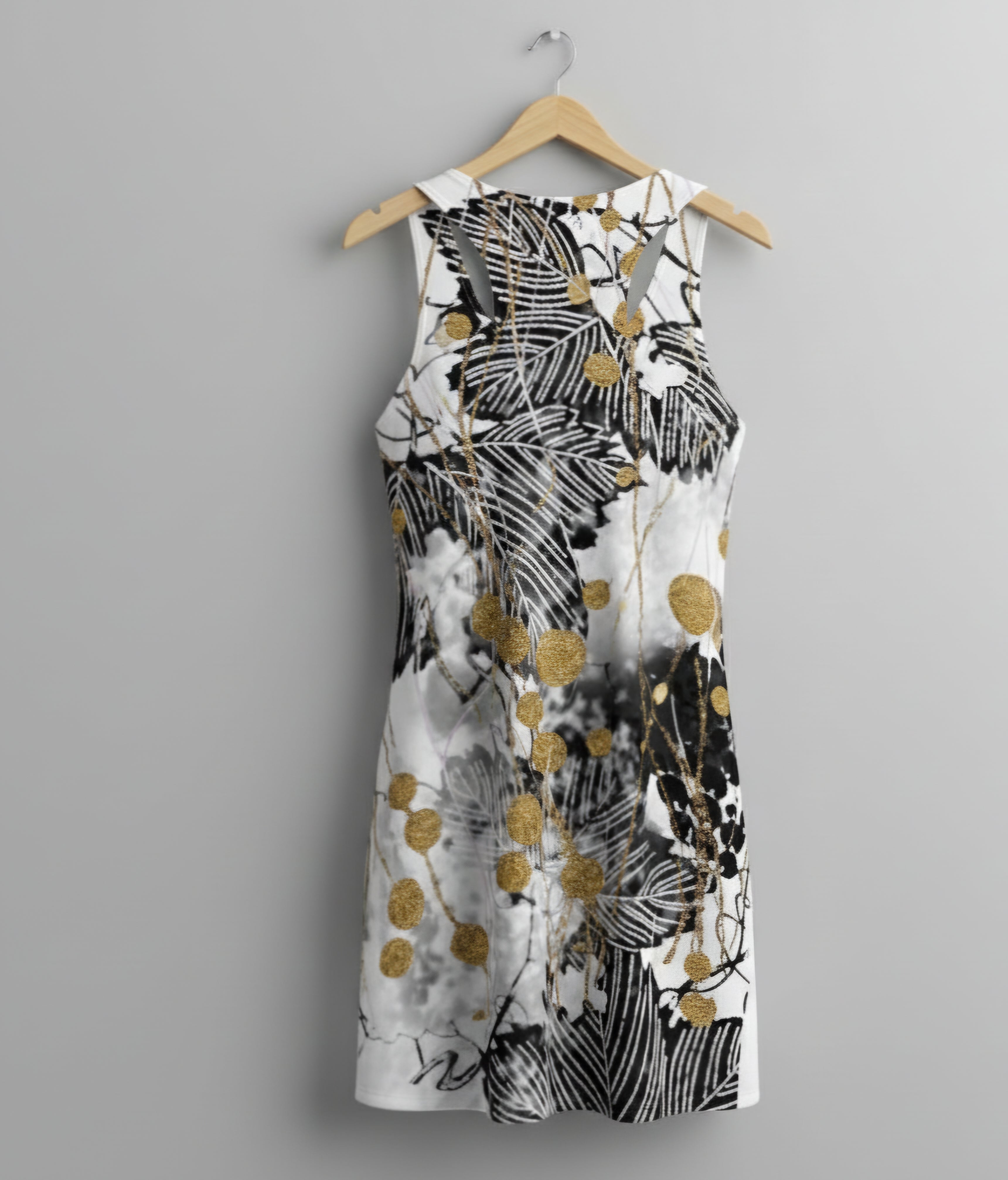 Midas Eyes Abstract Gilded Leaf Racerback Dress – Black, White & Gold