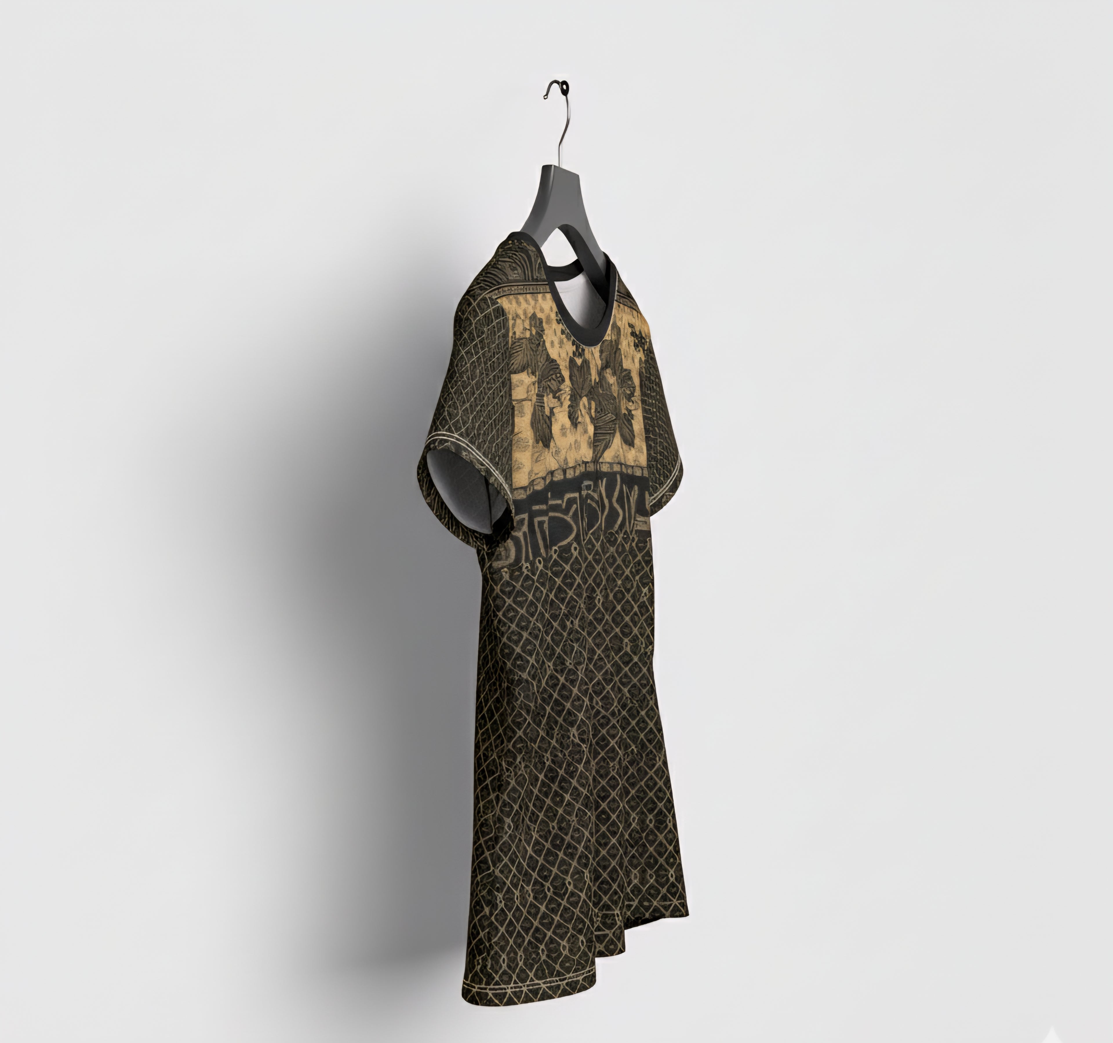 Tapestry Print Boho T-Shirt | Women's Abstract Mixed-Print Graphic Tee in Black & Gold