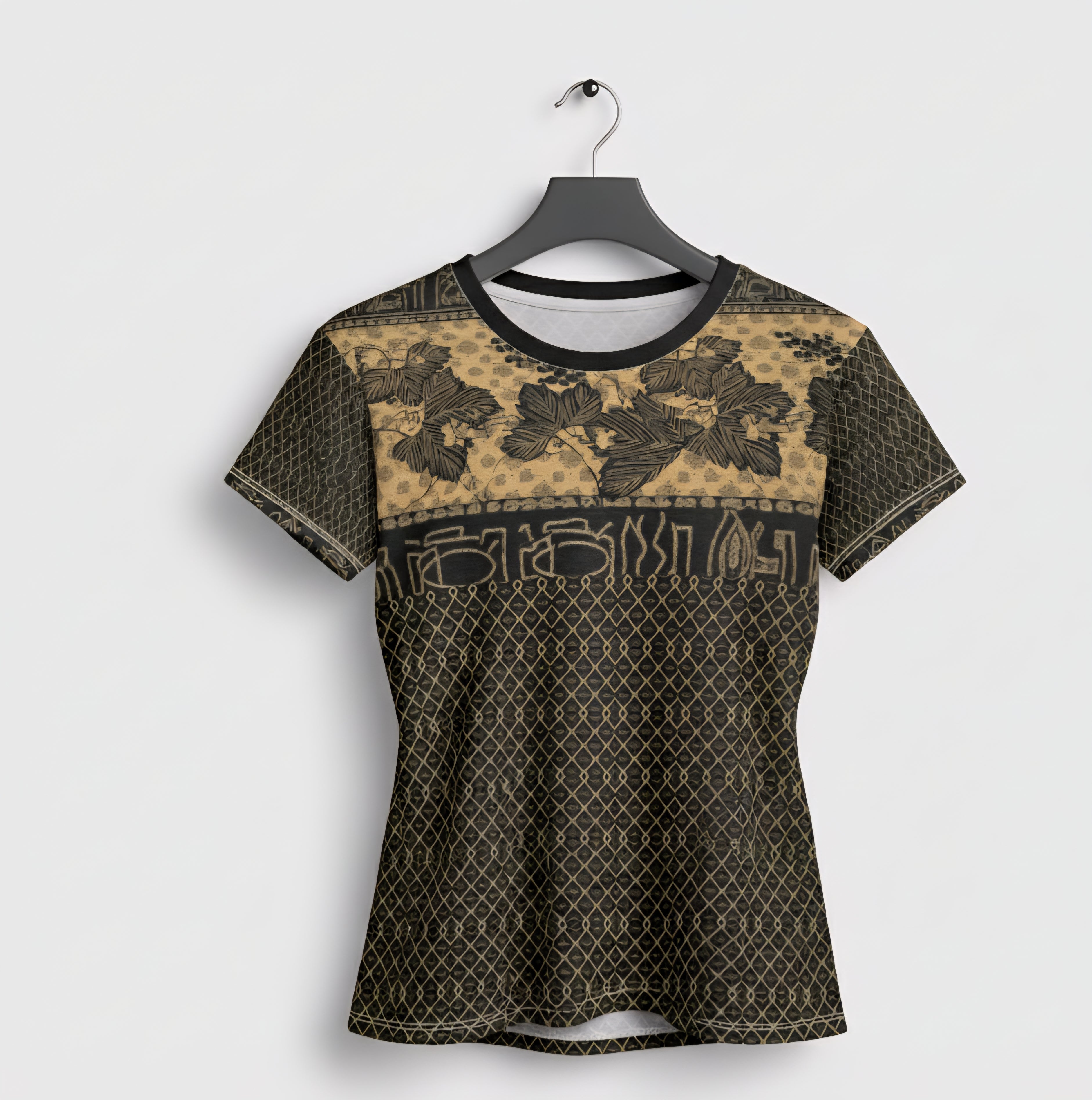 Tapestry Print Boho T-Shirt | Women's Abstract Mixed-Print Graphic Tee in Black & Gold