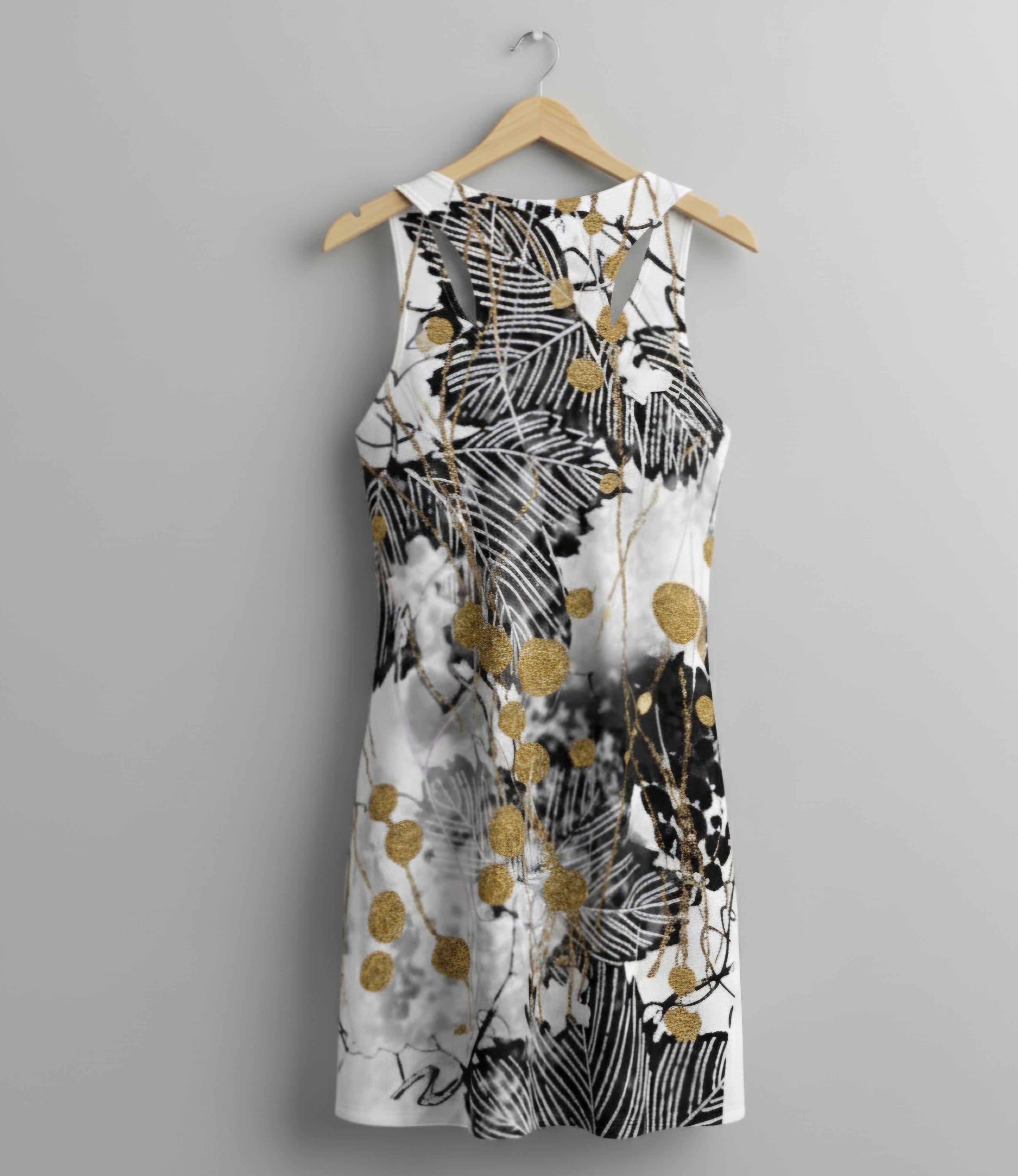 Midas Eyes Abstract Gilded Leaf Racerback Dress – Black, White & Gold