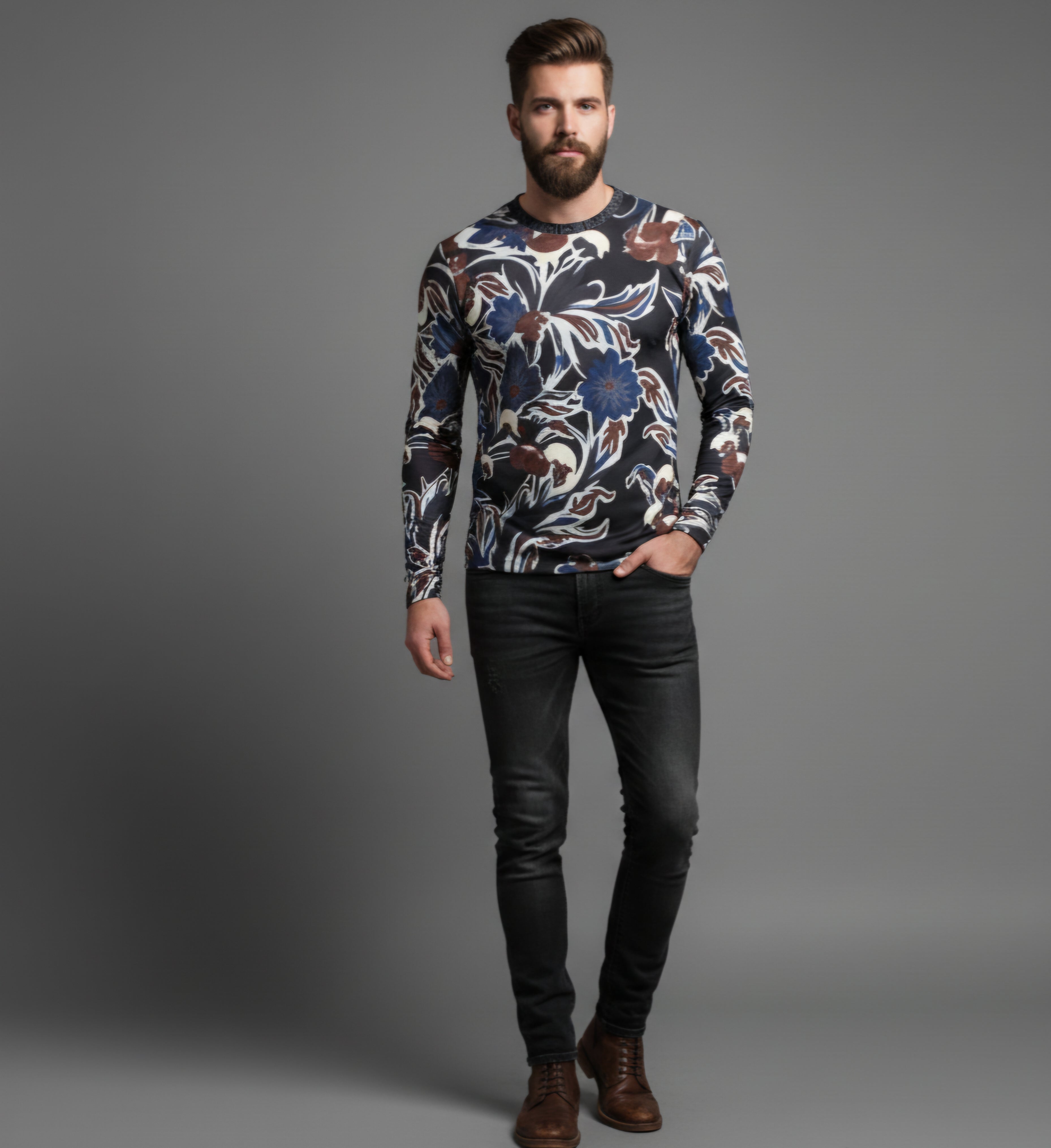Floral & Leaf Print Long Sleeve T-Shirt