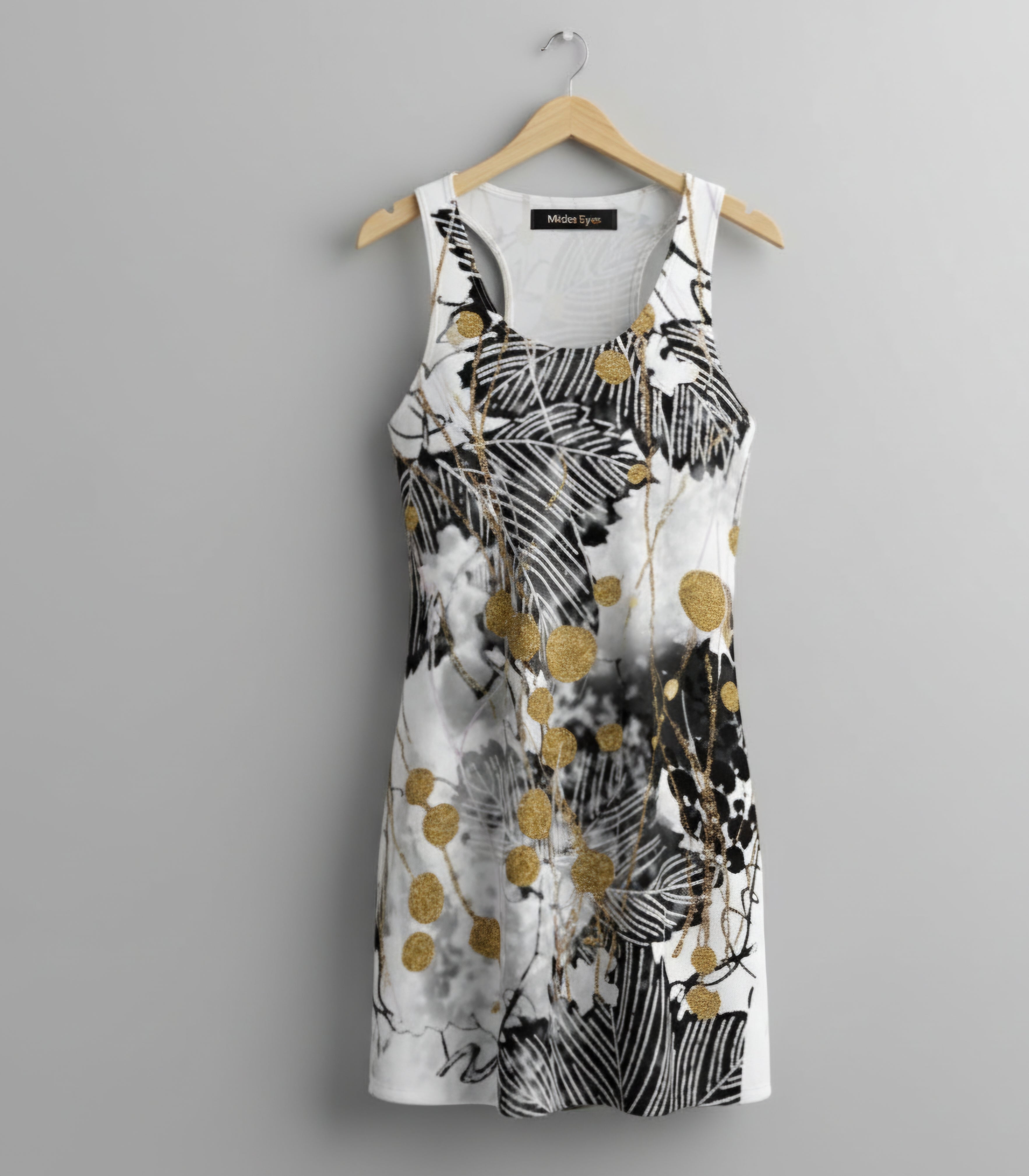 Midas Eyes Abstract Gilded Leaf Racerback Dress – Black, White & Gold