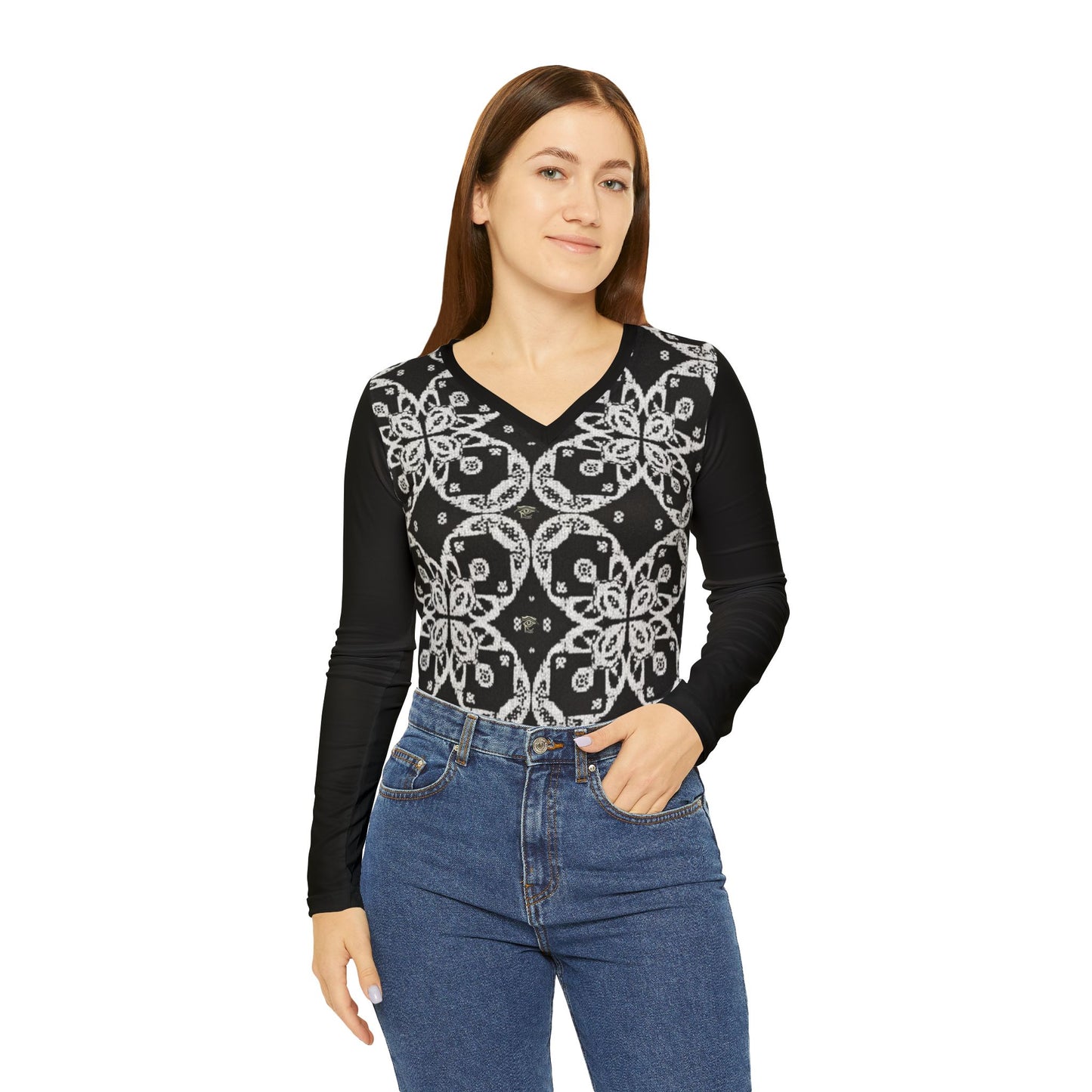 Elegant Floral Women's Long Sleeve V-Neck Shirt, Casual Top, Gift for Her, Spring Fashion, Black and White Pattern