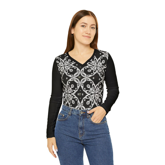 Elegant Floral Women's Long Sleeve V-Neck Shirt, Casual Top, Gift for Her, Spring Fashion, Black and White Pattern