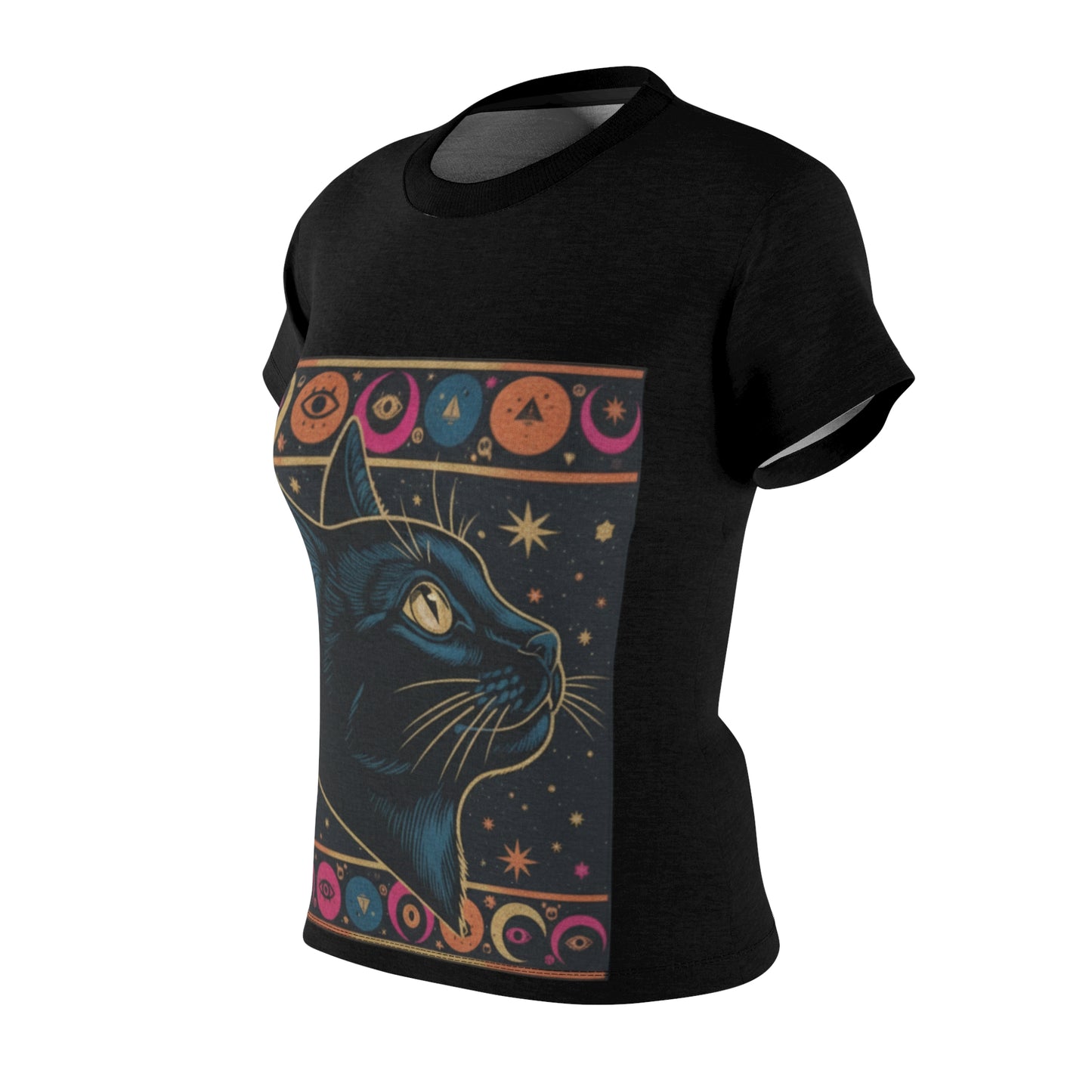 Mystical Cat Tee, Fun Cat T-Shirt, Boho Cat Shirt, Celestial Cat Top, Animal Lover Gift, Witchy AOP Tee