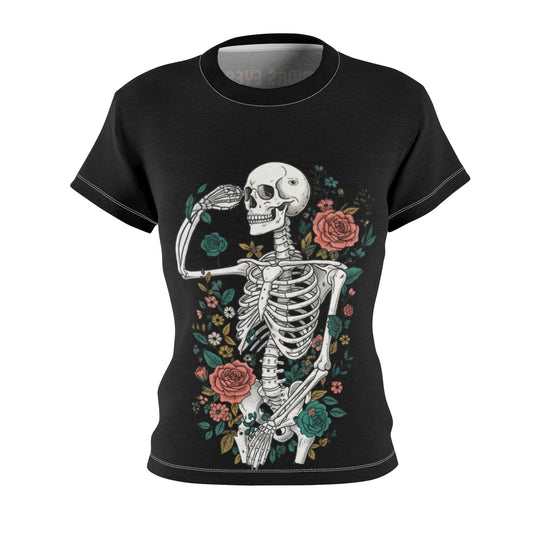 Floral Skeleton Tee - Unique Graphic Shirt for Halloween, Day of the Dead, or Everyday Style, Women's Casual T-Shirt, Gift Idea, AOP