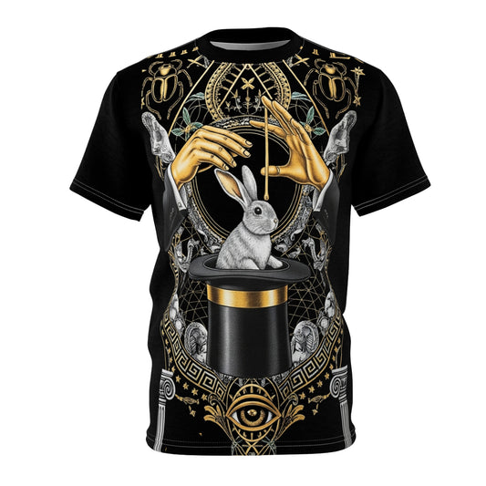 Magical Rabbit Tee - Unisex Cut & Sew AOP Shirt, Wizard Costume, Fantasy Gift, Unique Graphic Tee, Perfect for Halloween
