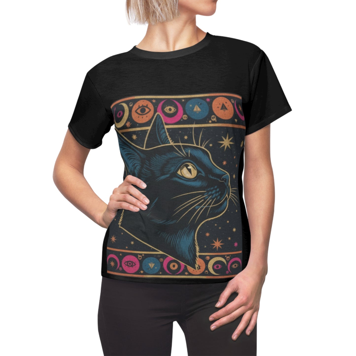Mystical Cat Tee, Fun Cat T-Shirt, Boho Cat Shirt, Celestial Cat Top, Animal Lover Gift, Witchy AOP Tee