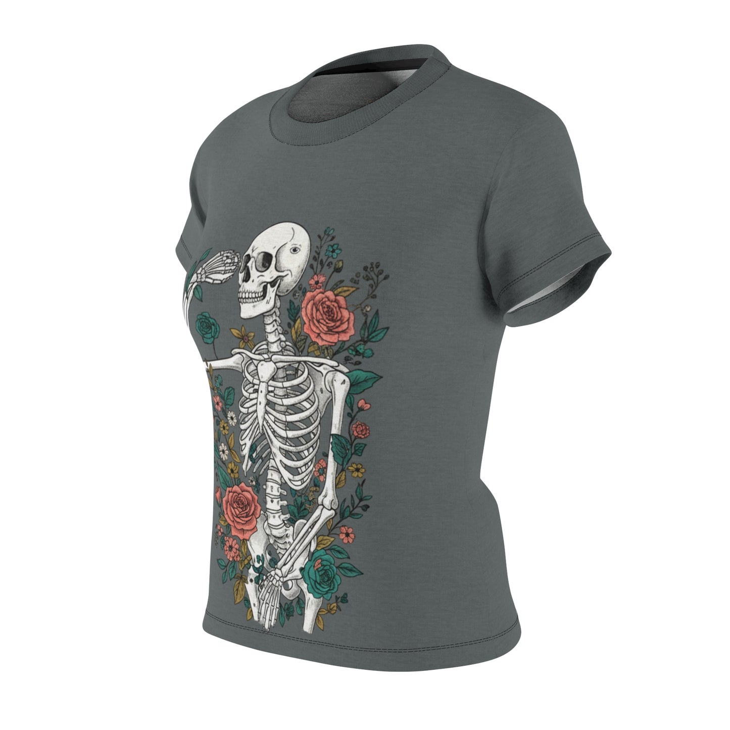 Grey Floral Skeleton Tee - Unique Graphic Shirt for Halloween, Day of the Dead, or Everyday Style, Women's Casual T-Shirt, Gift Idea, AOP