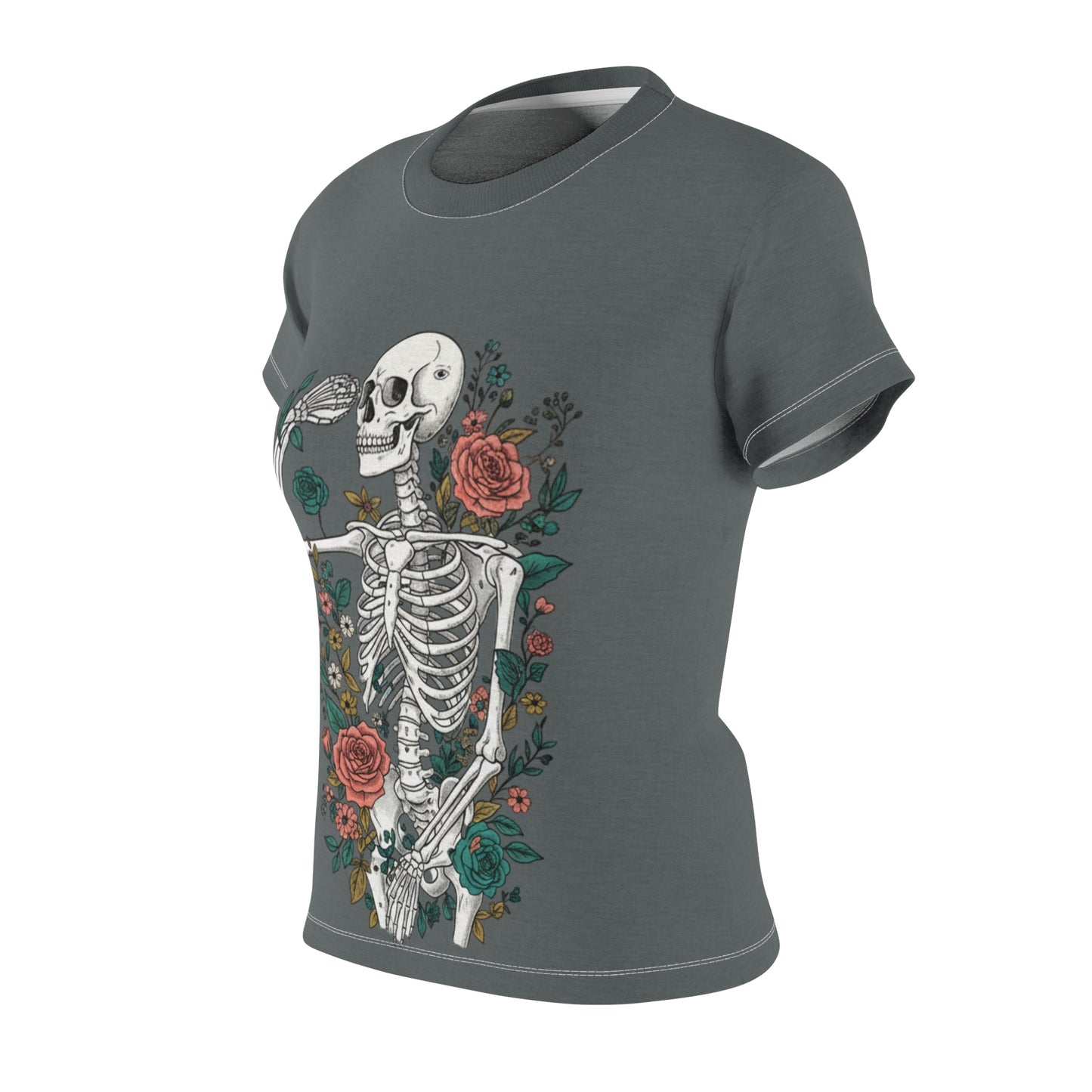 Grey Floral Skeleton Tee - Unique Graphic Shirt for Halloween, Day of the Dead, or Everyday Style, Women's Casual T-Shirt, Gift Idea, AOP