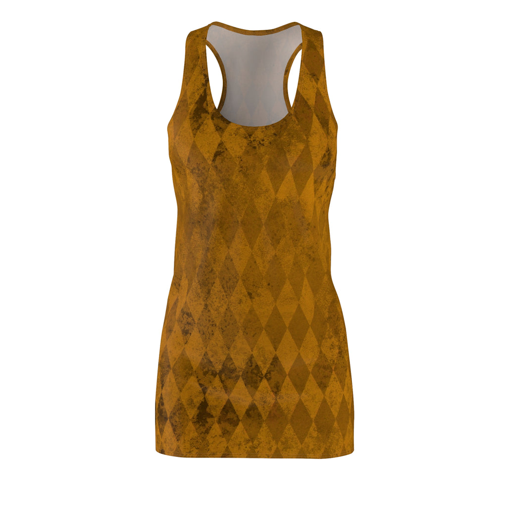 Vintage-Inspired Harlequin Racerback Midi Dress | Distressed Diamond Print