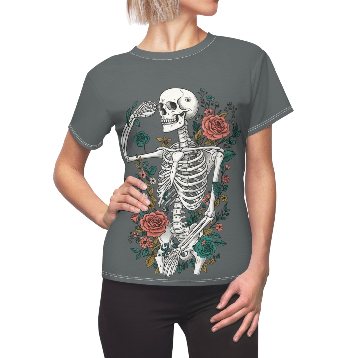 Grey Floral Skeleton Tee - Unique Graphic Shirt for Halloween, Day of the Dead, or Everyday Style, Women's Casual T-Shirt, Gift Idea, AOP