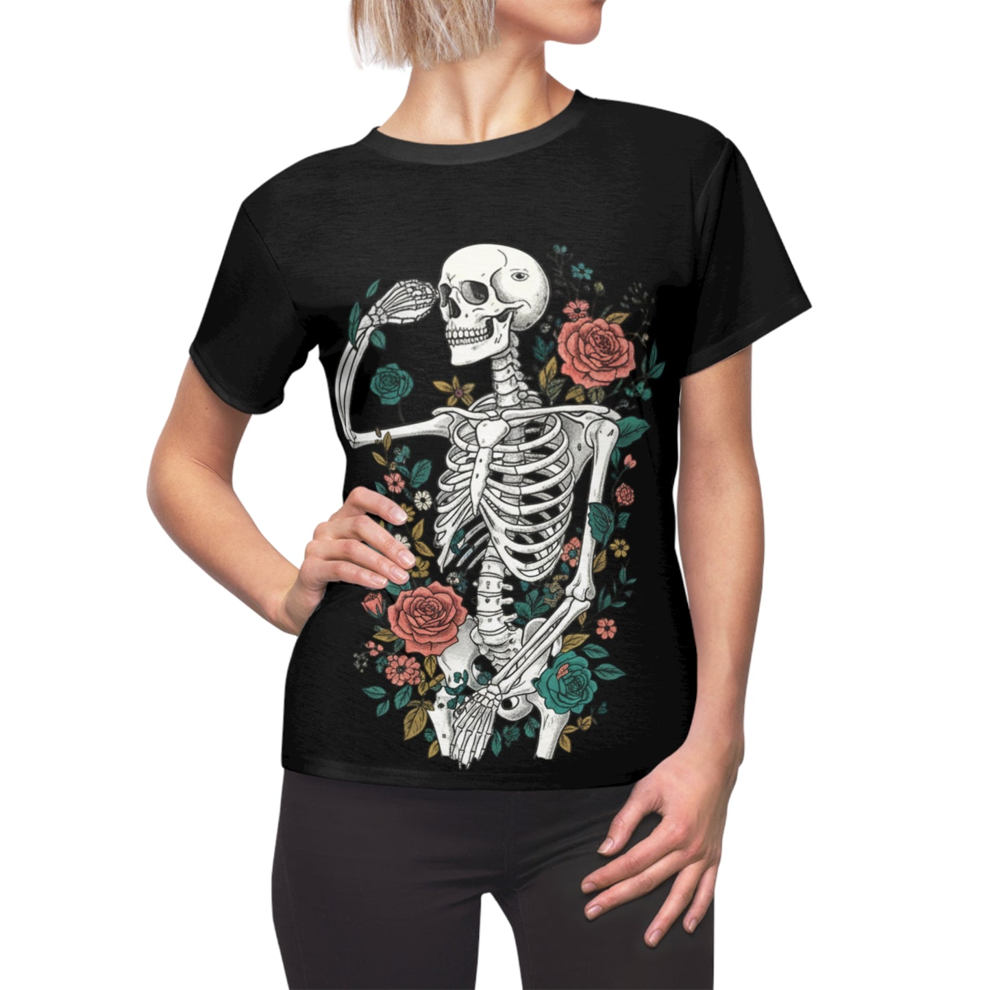 Floral Skeleton Tee - Unique Graphic Shirt for Halloween, Day of the Dead, or Everyday Style, Women's Casual T-Shirt, Gift Idea, AOP