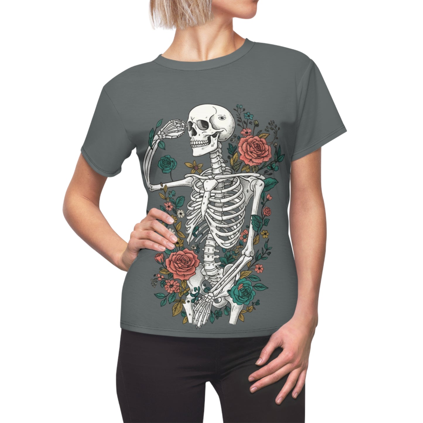 Grey Floral Skeleton Tee - Unique Graphic Shirt for Halloween, Day of the Dead, or Everyday Style, Women's Casual T-Shirt, Gift Idea, AOP