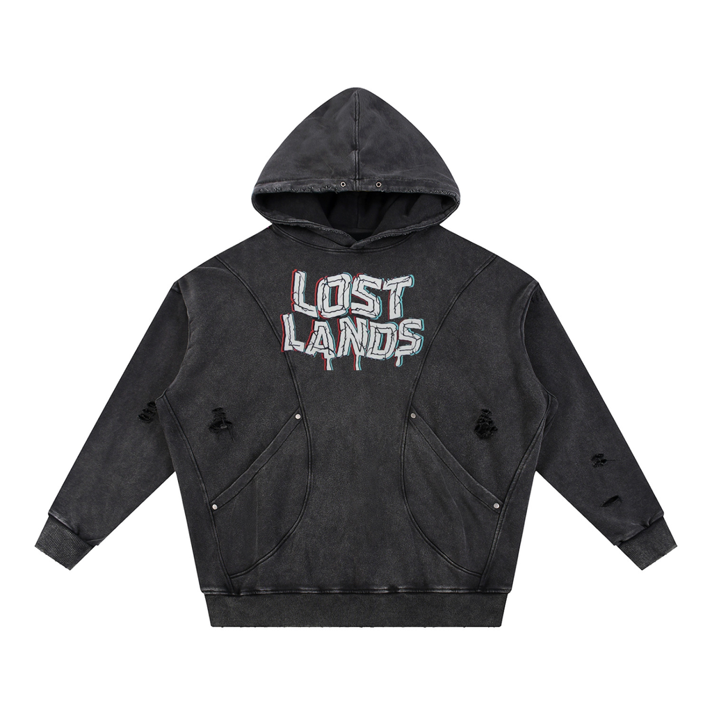 Snow Washed Distressed Panel Pocket Hoodie