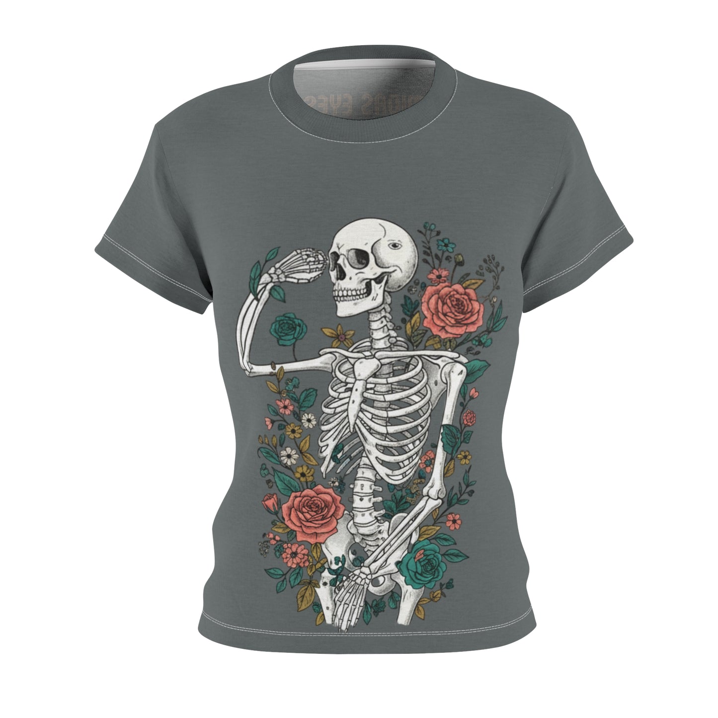 Grey Floral Skeleton Tee - Unique Graphic Shirt for Halloween, Day of the Dead, or Everyday Style, Women's Casual T-Shirt, Gift Idea, AOP