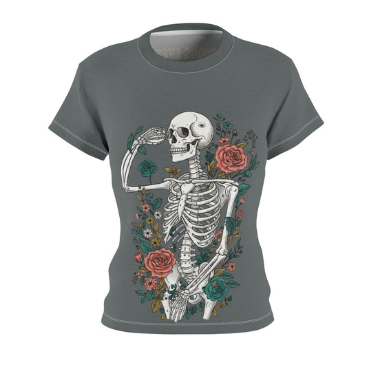 Grey Floral Skeleton Tee - Unique Graphic Shirt for Halloween, Day of the Dead, or Everyday Style, Women's Casual T-Shirt, Gift Idea, AOP