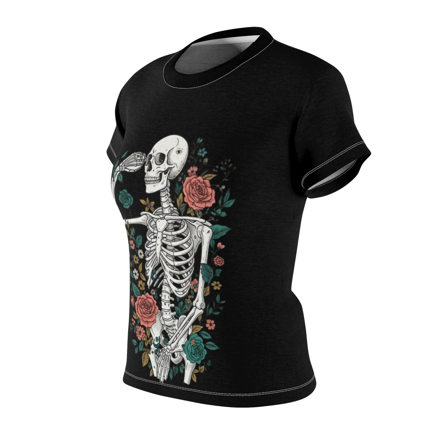 Floral Skeleton Tee - Unique Graphic Shirt for Halloween, Day of the Dead, or Everyday Style, Women's Casual T-Shirt, Gift Idea, AOP