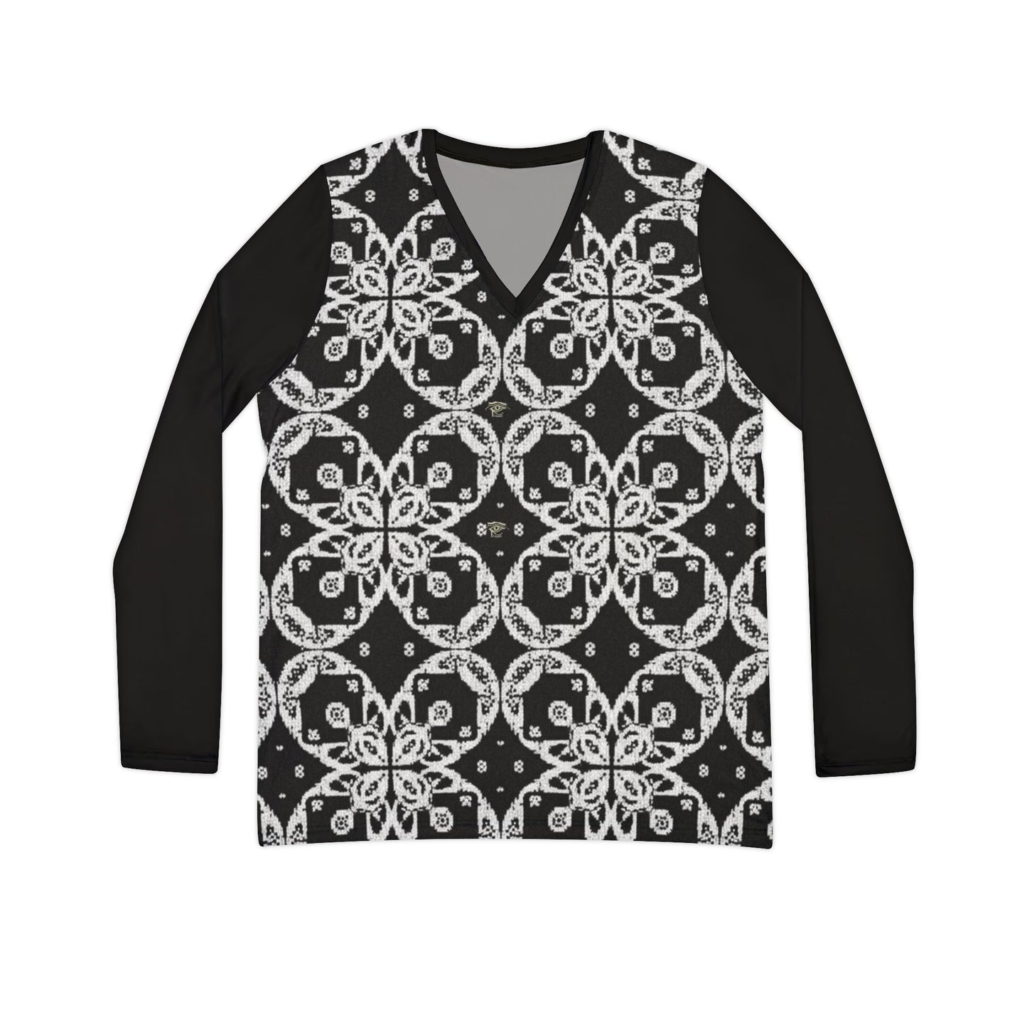 Elegant Floral Women's Long Sleeve V-Neck Shirt, Casual Top, Gift for Her, Spring Fashion, Black and White Pattern