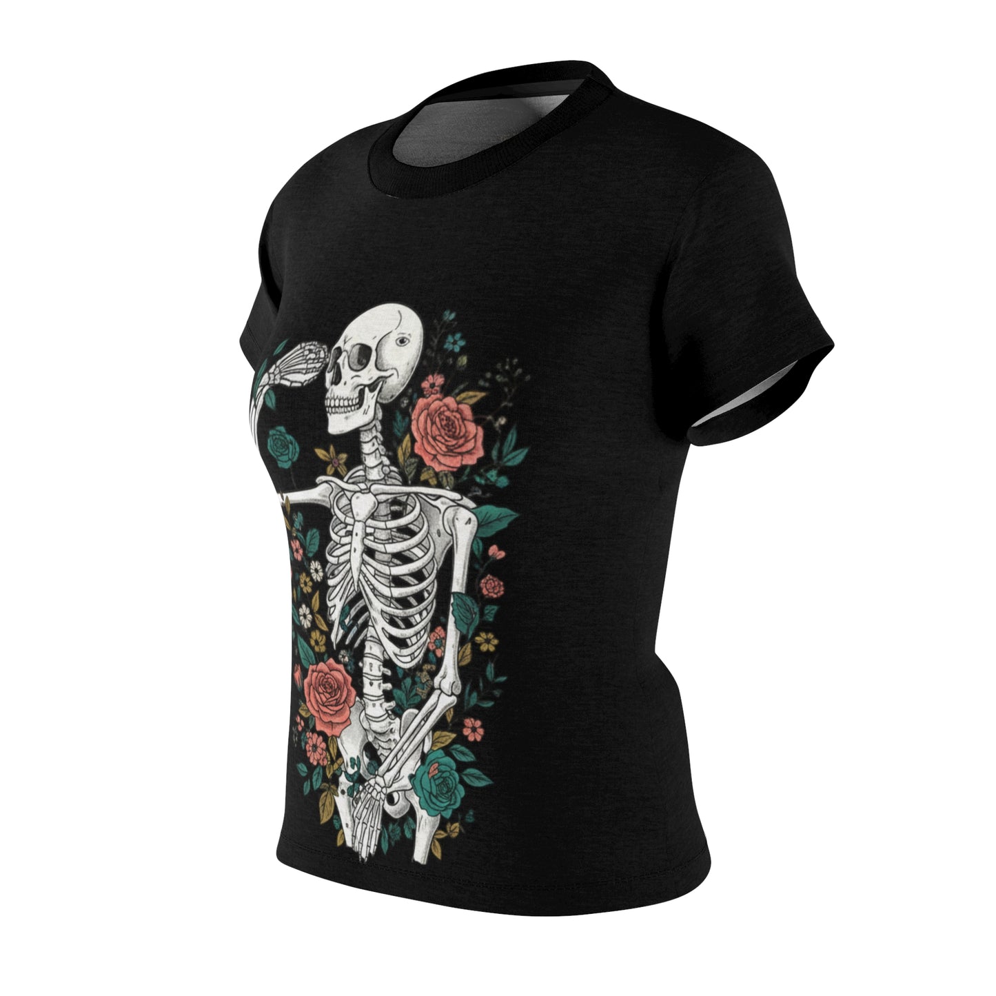 Floral Skeleton Tee - Unique Graphic Shirt for Halloween, Day of the Dead, or Everyday Style, Women's Casual T-Shirt, Gift Idea, AOP