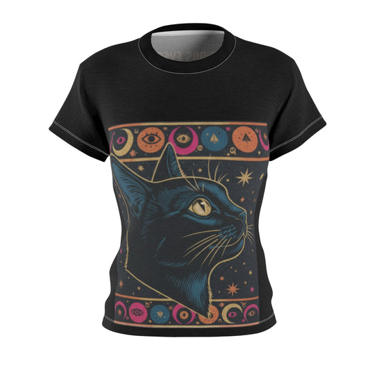 Mystical Cat Tee, Fun Cat T-Shirt, Boho Cat Shirt, Celestial Cat Top, Animal Lover Gift, Witchy AOP Tee