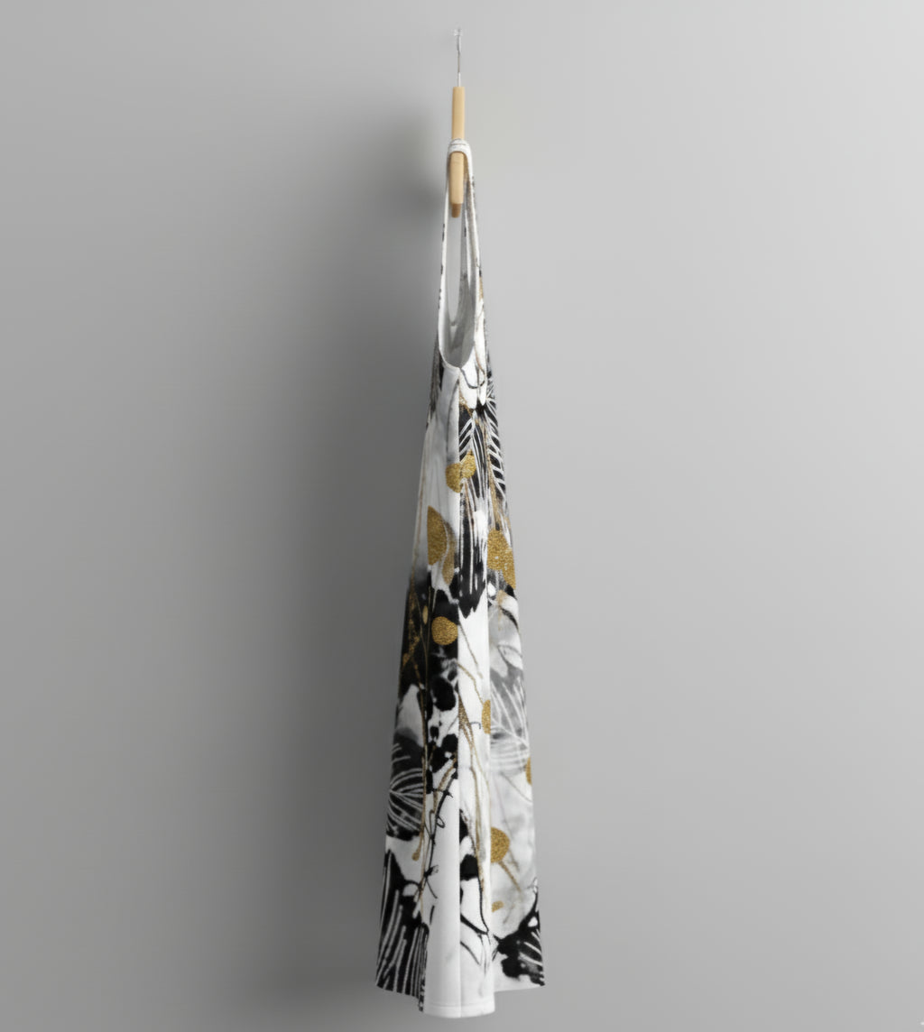 Midas Eyes Abstract Gilded Leaf Racerback Dress – Black, White & Gold