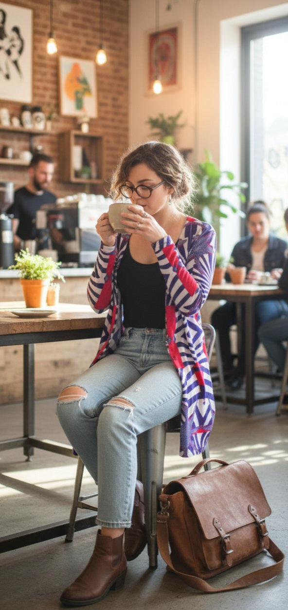 Geometric Kaleidoscope Cardigan | Women's Open Front Duster | Purple, Red & White Abstract Print