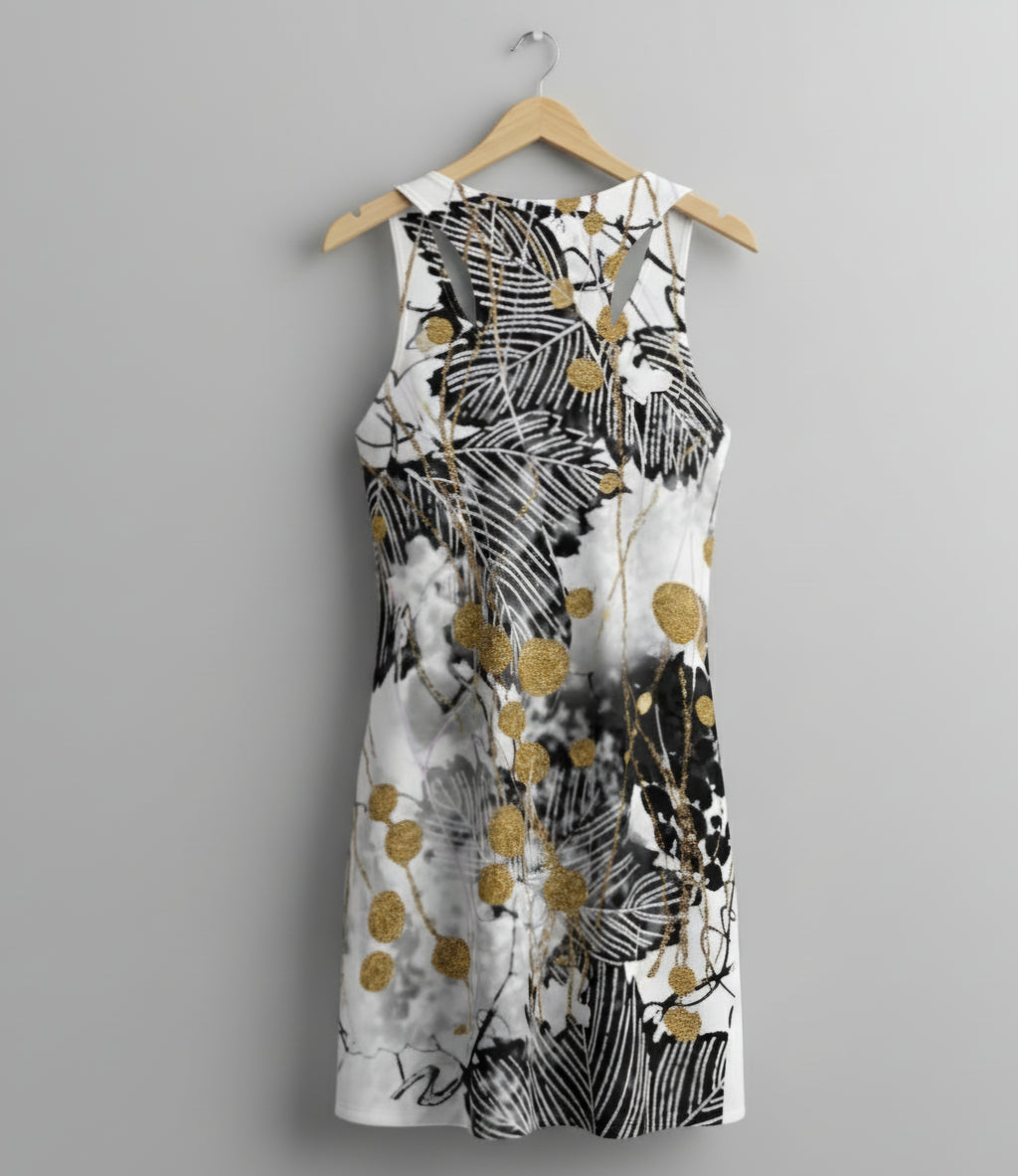 Midas Eyes Abstract Gilded Leaf Racerback Dress – Black, White & Gold