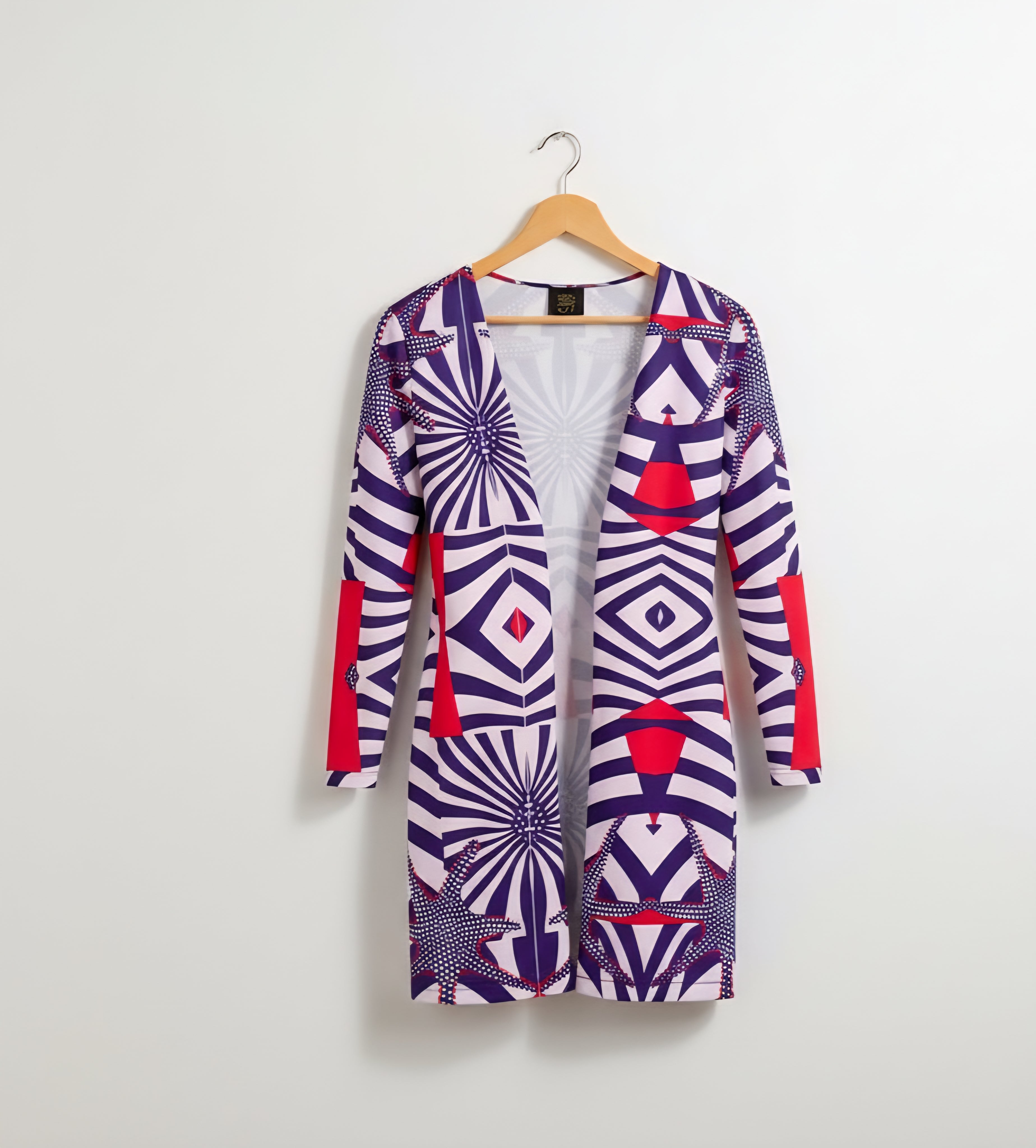 Geometric Kaleidoscope Cardigan | Women's Open Front Duster | Purple, Red & White Abstract Print